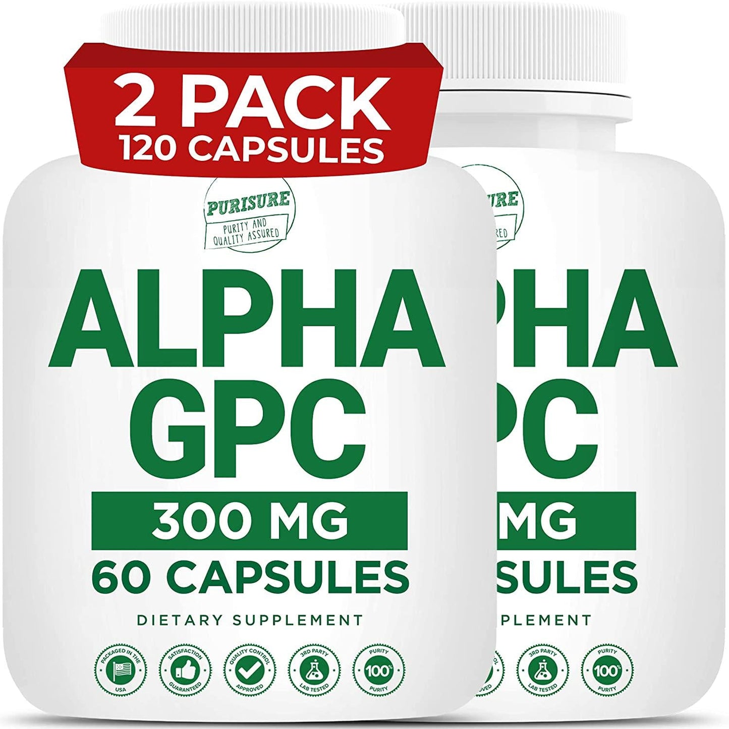 2-Pack Purisure Alpha GPC Capsules 300 mg (120 Caps) | Nootropic Brain Booster and Choline Cognitive Enhancer | Memory and Focus Dietary Supplement to Improve Mood, Mental Clarity, and Athletic Performance