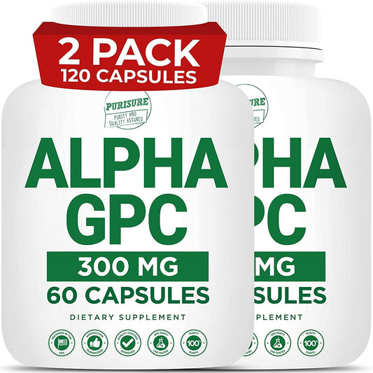 2-Pack Purisure Alpha GPC Capsules 300 mg (120 Caps) | Nootropic Brain Booster and Choline Cognitive Enhancer | Memory and Focus Dietary Supplement to Improve Mood, Mental Clarity, and Athletic Performance