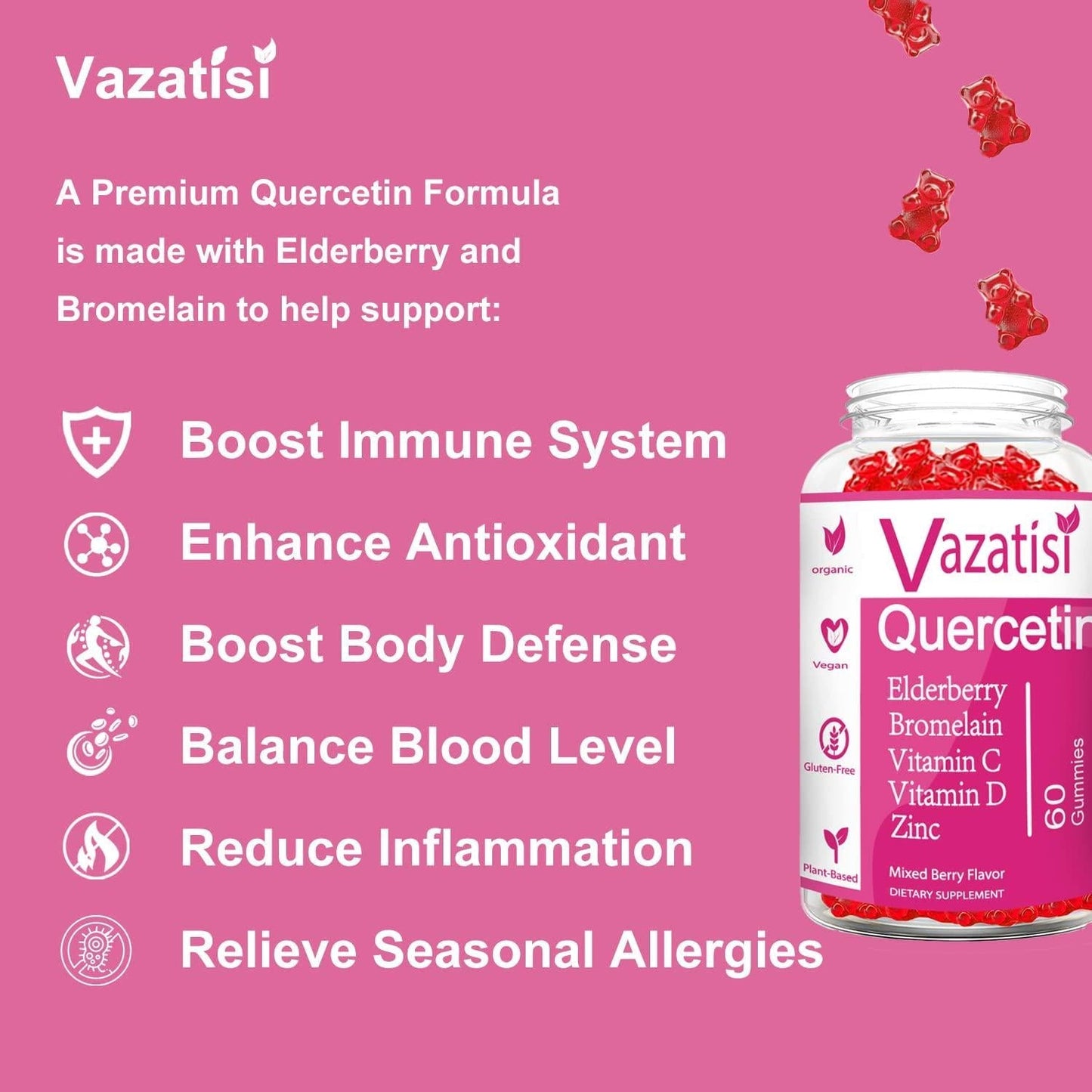 2 Pack Quercetin Gummies, Organic Quercetin with Vitamin C and Zinc, Bromelain, Elderberry and Vitamin D - Immune Support - Adults and Kids, Women and Men - 120 Vegan Gummies Chewable