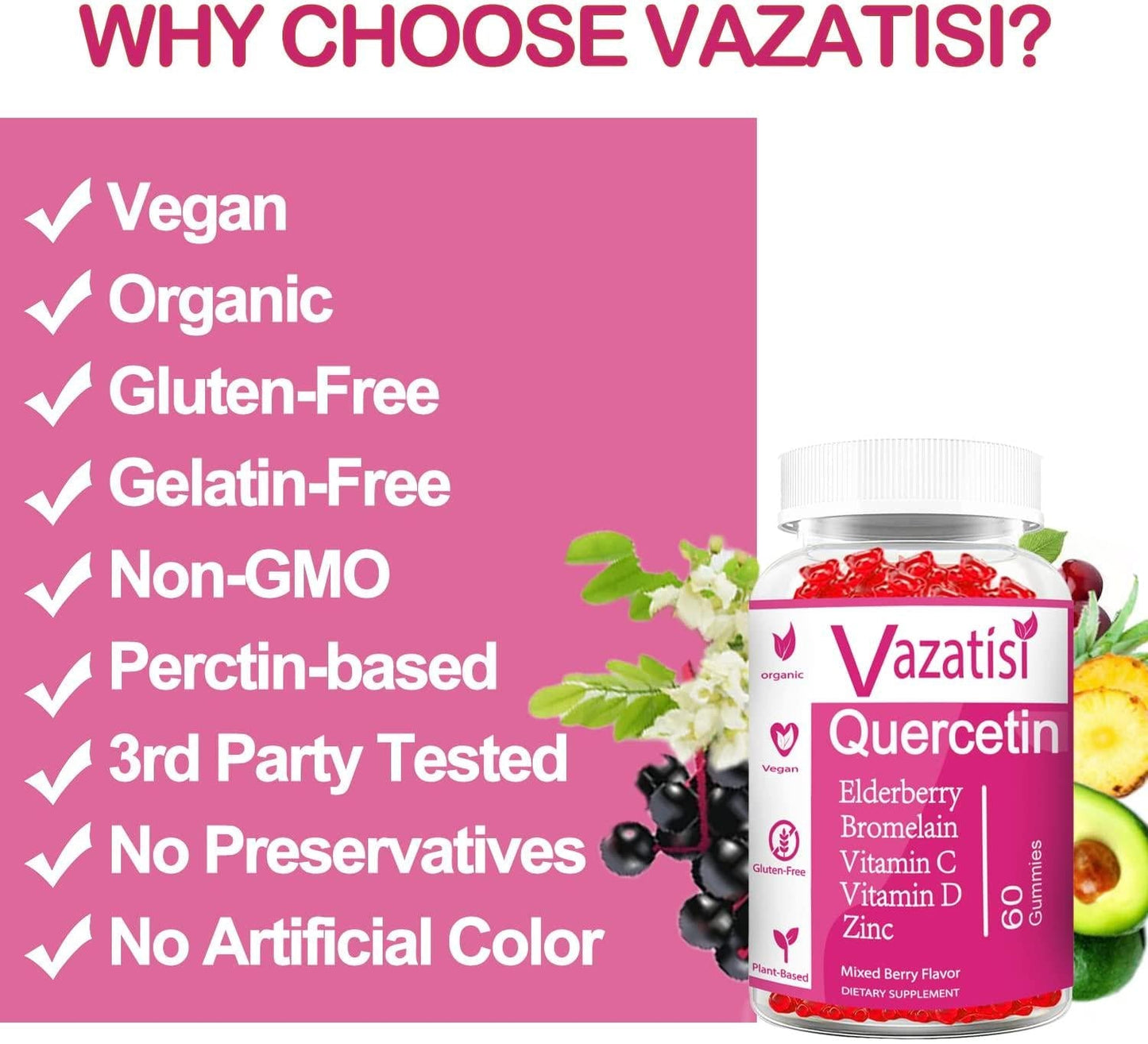2 Pack Quercetin Gummies, Organic Quercetin with Vitamin C and Zinc, Bromelain, Elderberry and Vitamin D - Immune Support - Adults and Kids, Women and Men - 120 Vegan Gummies Chewable