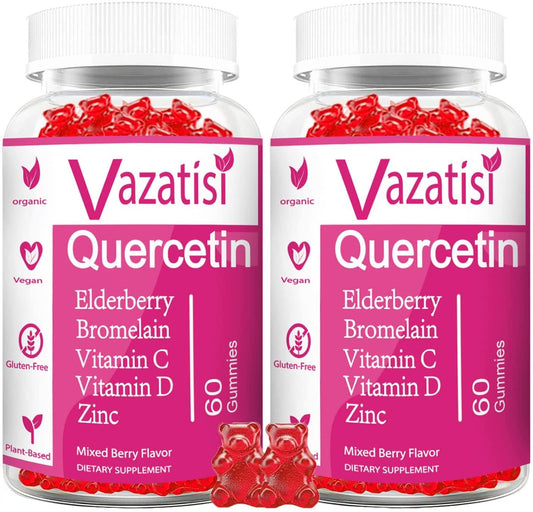2 Pack Quercetin Gummies, Organic Quercetin with Vitamin C and Zinc, Bromelain, Elderberry and Vitamin D - Immune Support - Adults and Kids, Women and Men - 120 Vegan Gummies Chewable