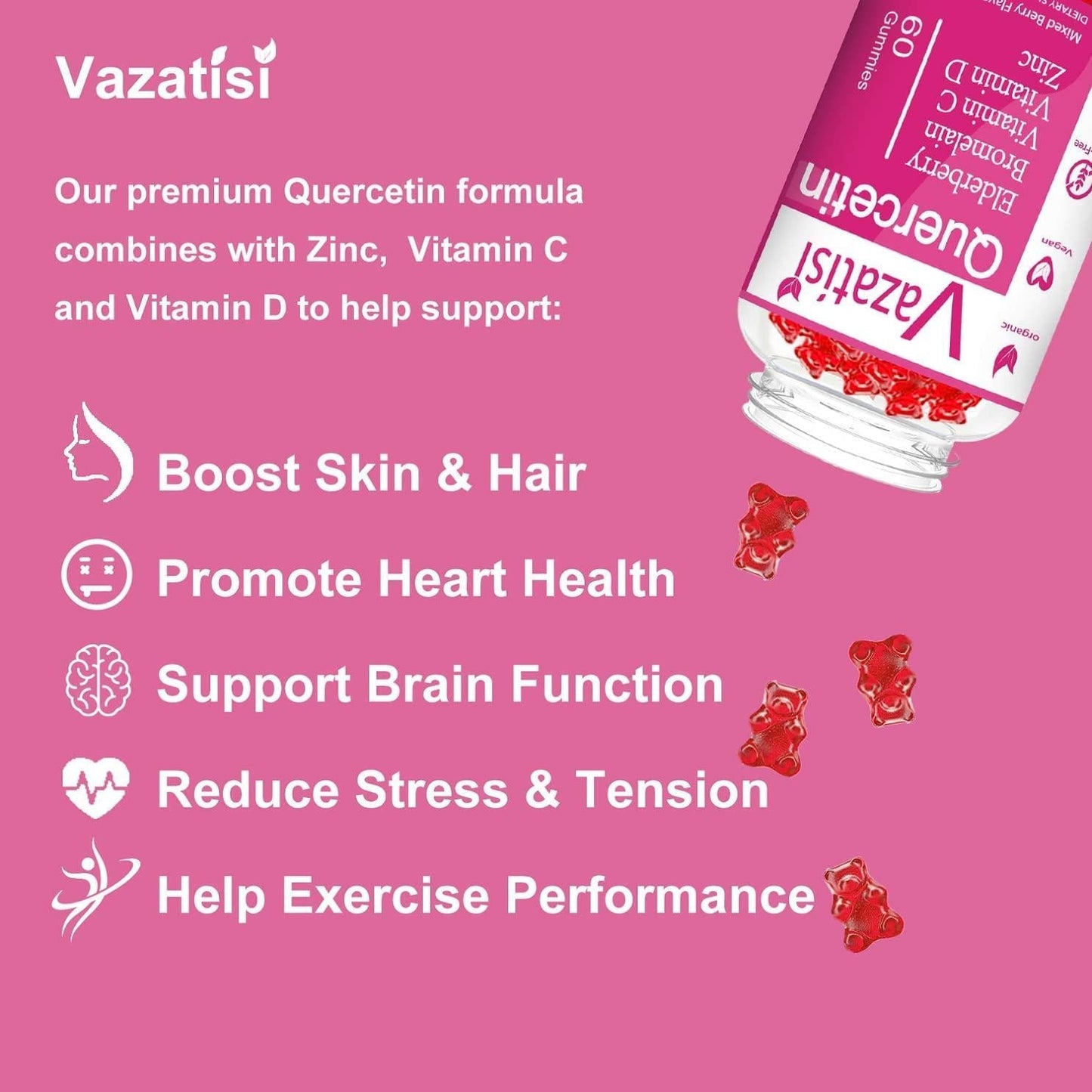 2 Pack Quercetin Gummies, Organic Quercetin with Vitamin C and Zinc, Bromelain, Elderberry and Vitamin D - Immune Support - Adults and Kids, Women and Men - 120 Vegan Gummies Chewable