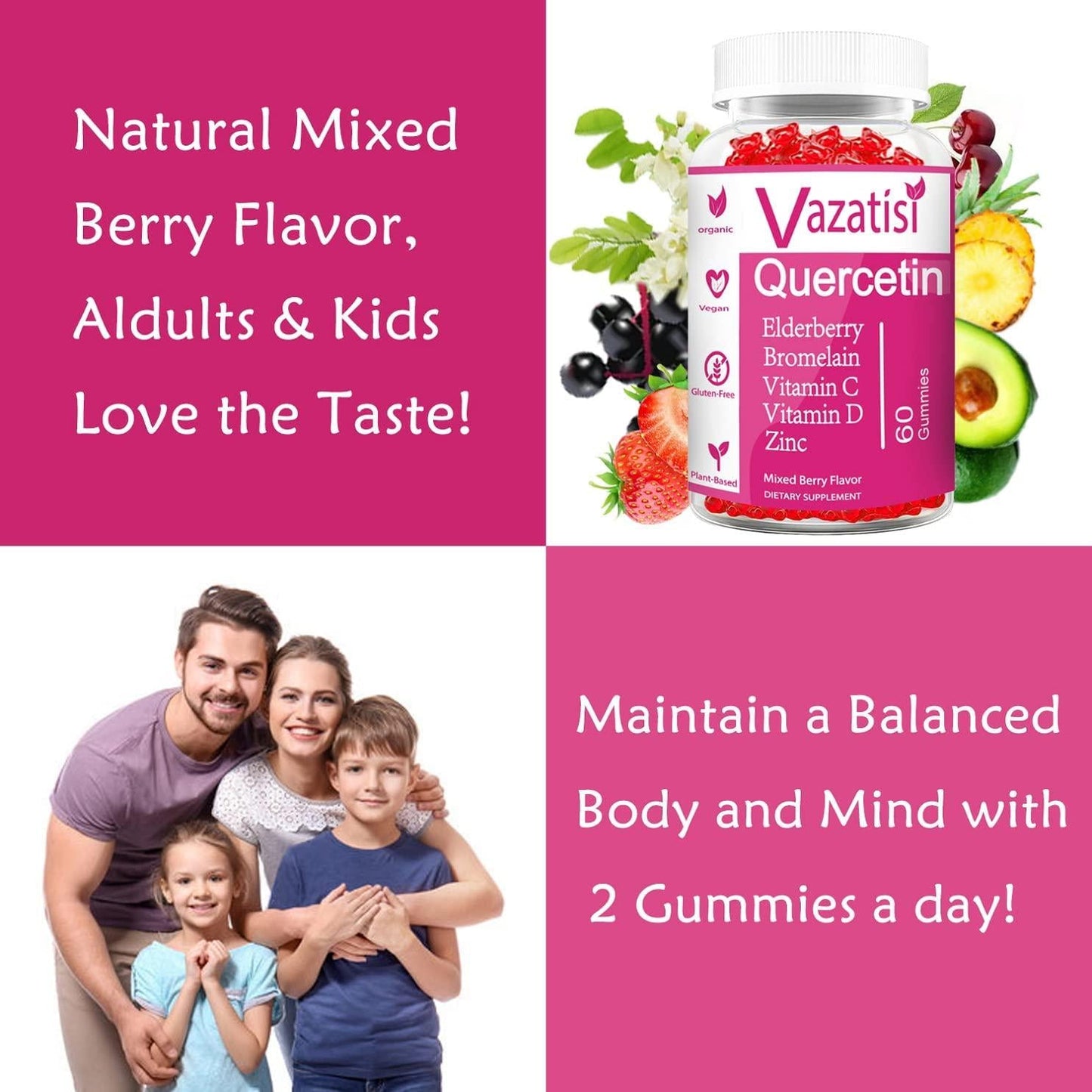 2 Pack Quercetin Gummies, Organic Quercetin with Vitamin C and Zinc, Bromelain, Elderberry and Vitamin D - Immune Support - Adults and Kids, Women and Men - 120 Vegan Gummies Chewable