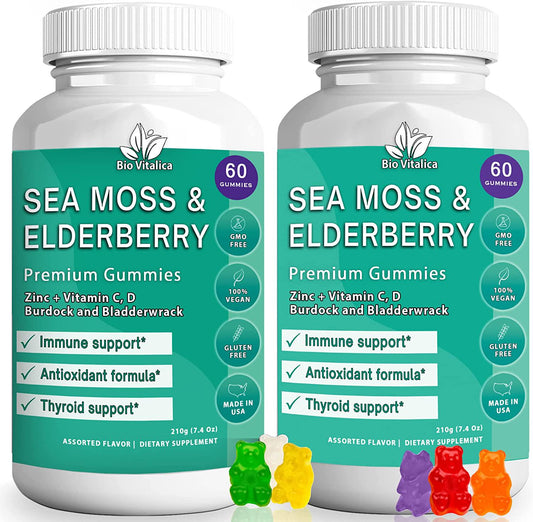 (2 Pack) Sea Moss Gummies Elderberry BioVitalica - Vitamin C D + Zinc - Irish Seamoss Vegan Gummy with Sea Moss Gel and Powder for Immunity, Detox and Energy - for Adults and Kids (2) - Nutricity.com.au