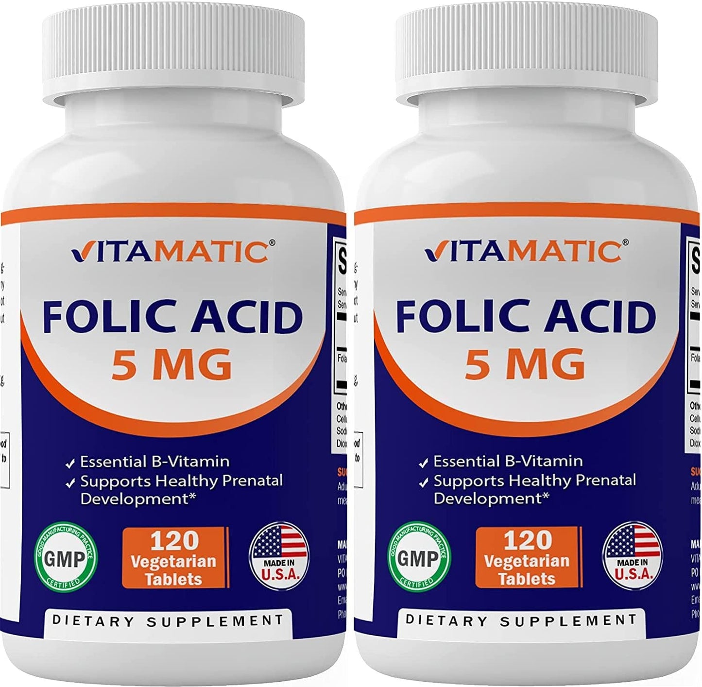 2 Pack - Vitamatic Folic Acid 5mg (5000 mcg) - 120 Vegetarian Tablets - (Vitamin B9 Folate) (Total 240 Tablets)