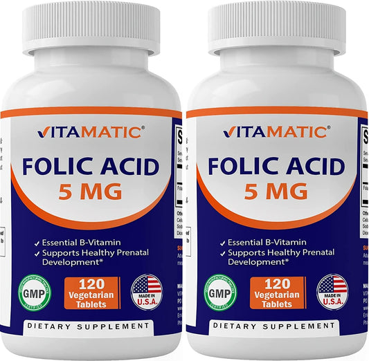 2 Pack - Vitamatic Folic Acid 5mg (5000 mcg) - 120 Vegetarian Tablets - (Vitamin B9 Folate) (Total 240 Tablets)