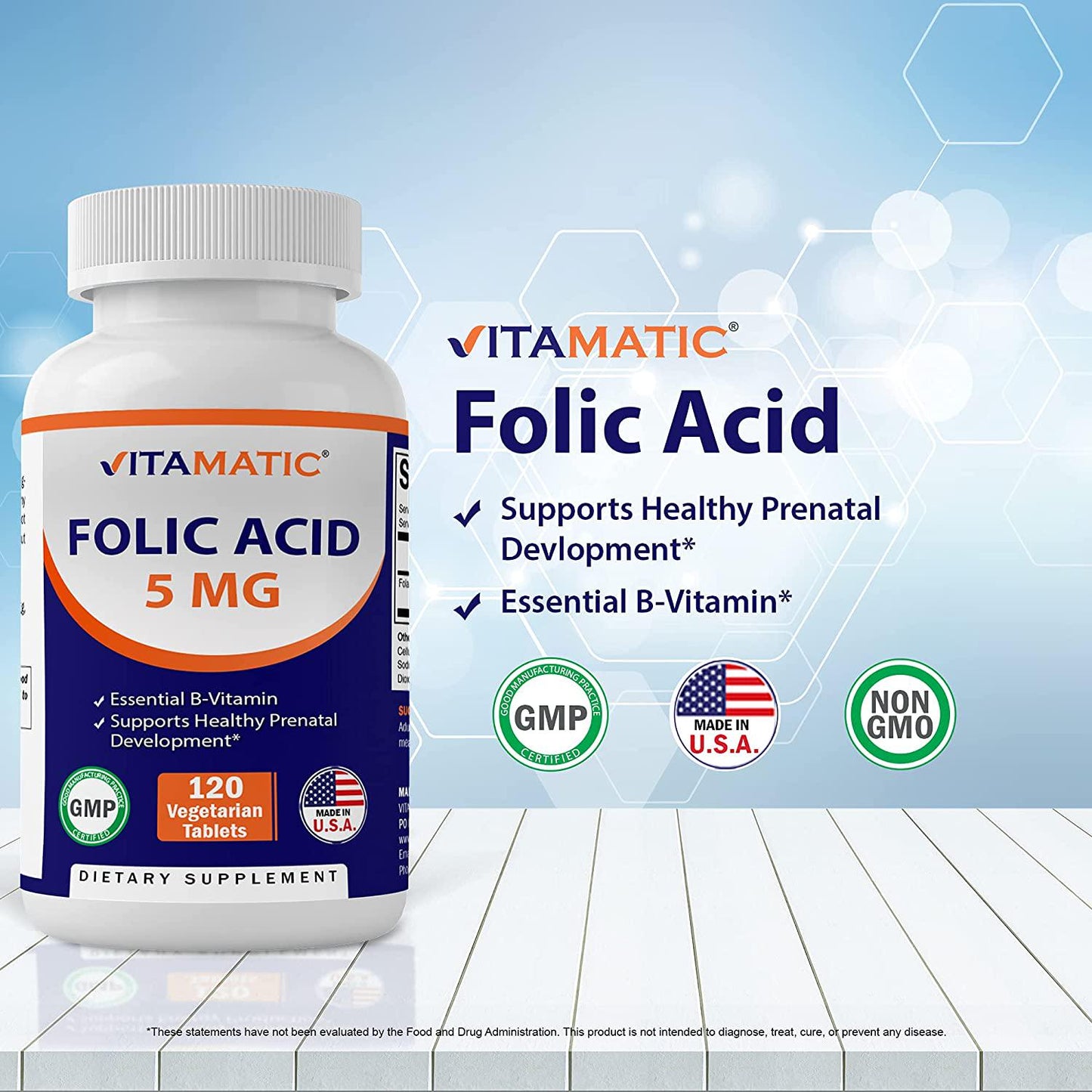 2 Pack - Vitamatic Folic Acid 5mg (5000 mcg) - 120 Vegetarian Tablets - (Vitamin B9 Folate) (Total 240 Tablets)