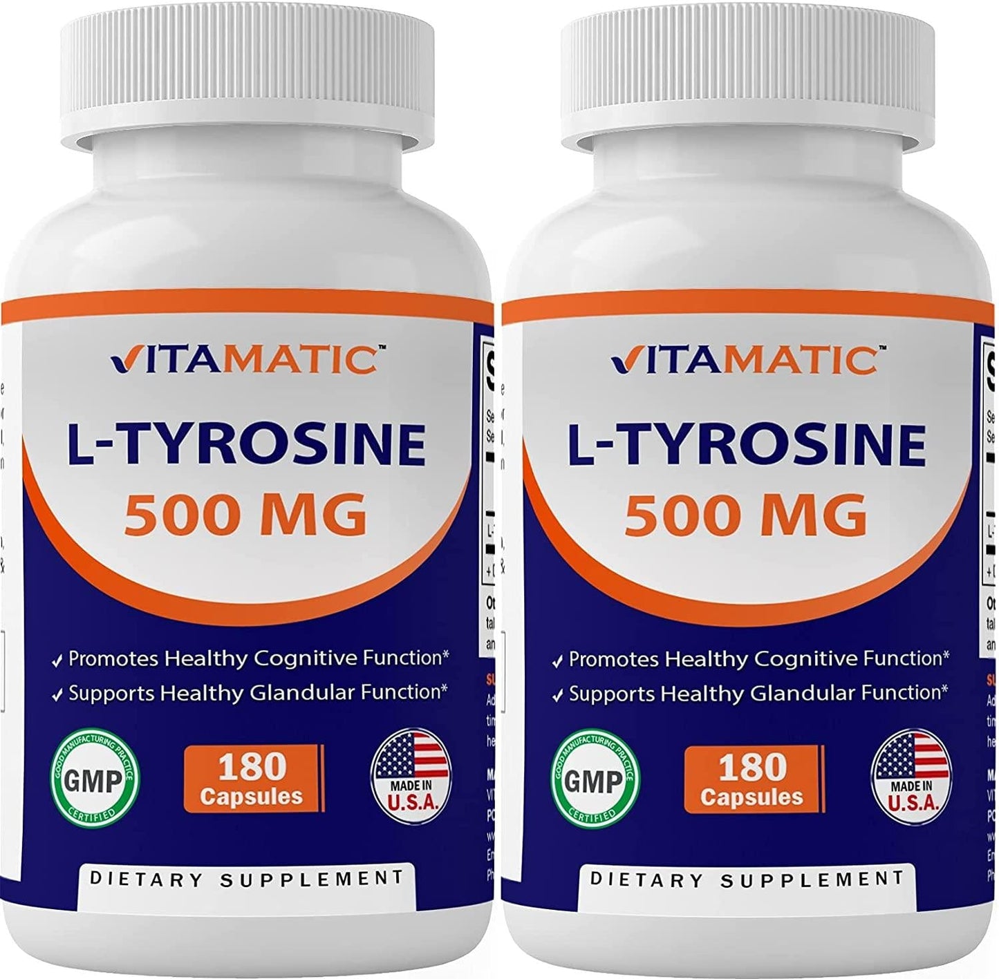 2 Pack - Vitamatic L-Tyrosine 500 mg 180 Veg Capsules - Supports Mental Clarity Promotes Alertness Boosts Energy