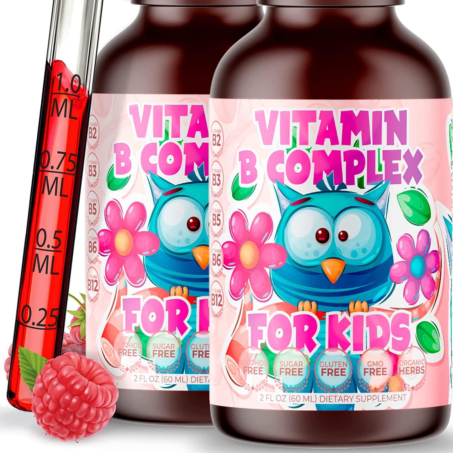 2-Pack Vitamin B-Complex for Kids Liquid Sublingual Vegan Drops - Premium Supplement Vitamins B b12 b6 b5 b3 and b2 - Fast Absorption Natural Energy Boost, Immune System and Mental Focus Support