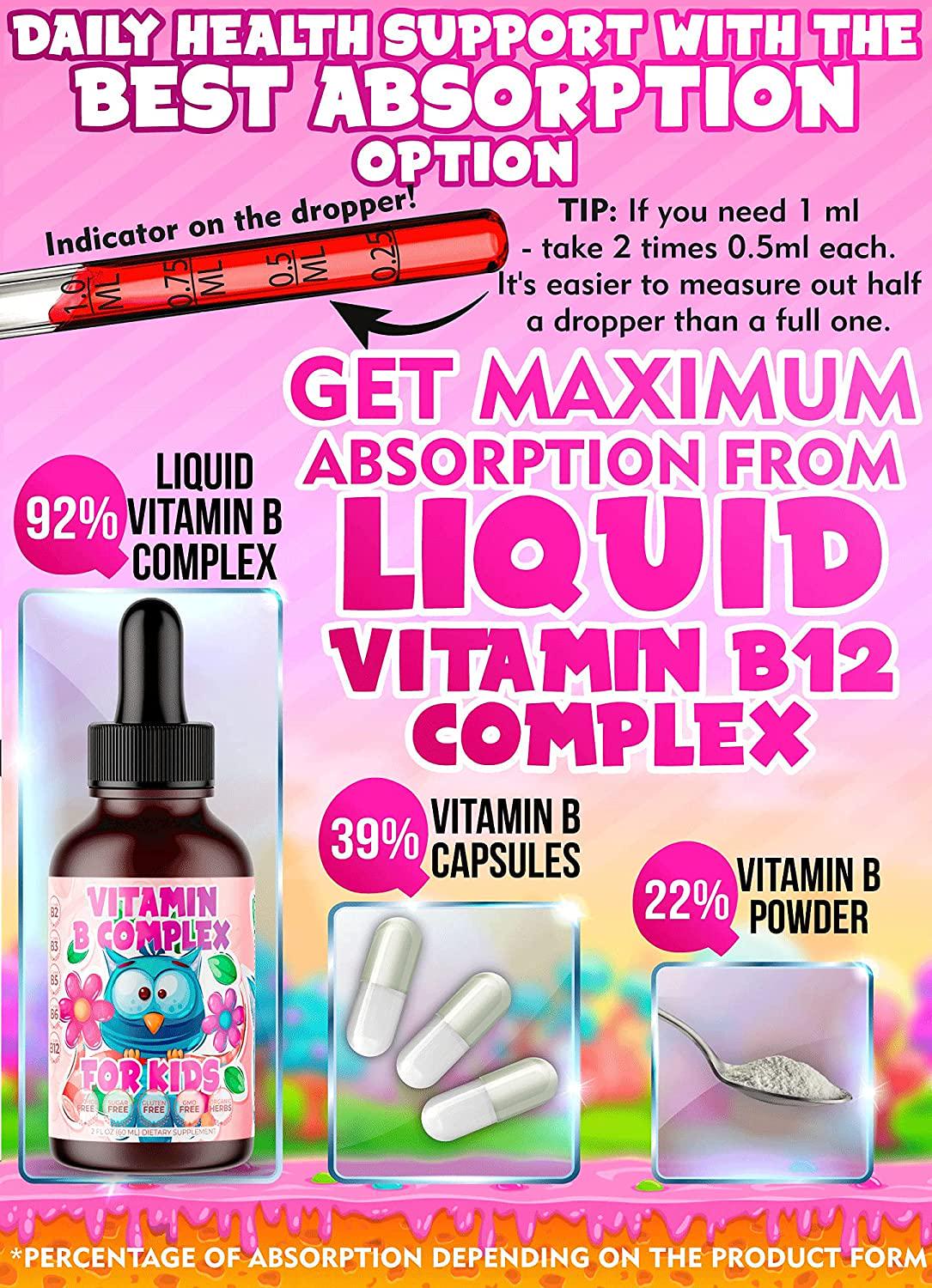 2-Pack Vitamin B-Complex for Kids Liquid Sublingual Vegan Drops - Premium Supplement Vitamins B b12 b6 b5 b3 and b2 - Fast Absorption Natural Energy Boost, Immune System and Mental Focus Support