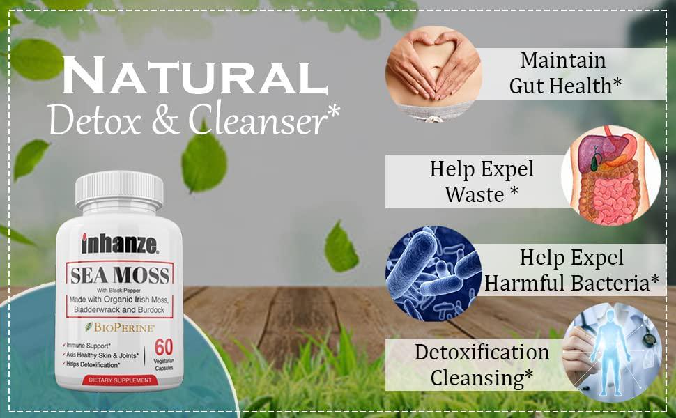 2 Pack inhanze Sea Moss and Detox + Cleanse, Organic Irish Moss, Burdock, Bladderwrack, Cleanser Detoxifier, Essential Minerals.