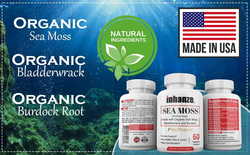 2 Pack inhanze Sea Moss and Detox + Cleanse, Organic Irish Moss, Burdock, Bladderwrack, Cleanser Detoxifier, Essential Minerals.