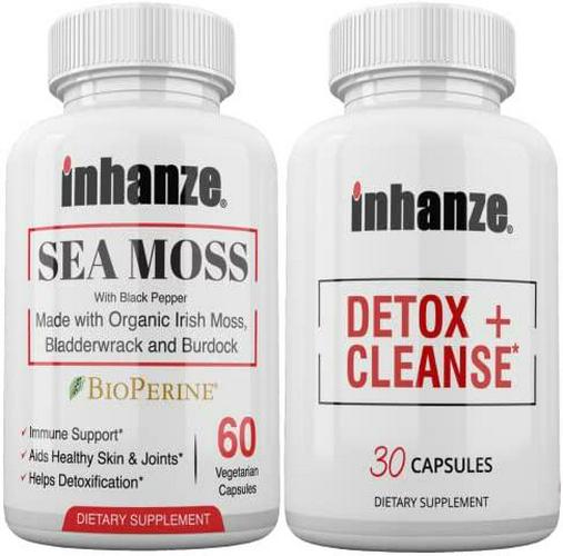 2 Pack inhanze Sea Moss and Detox + Cleanse, Organic Irish Moss, Burdock, Bladderwrack, Cleanser Detoxifier, Essential Minerals.