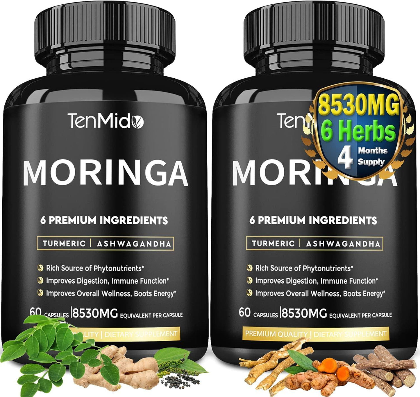 2 Packs Moringa Capsules 8530mg, 4 Months Supply and Turmeric, Ashwagandha, Ginger, Licorice, Black Pepper| Immune Support, Energy Booster|Multi Vitamin Oleifera Leaf Herb|Anti-Inflammatory Supplements