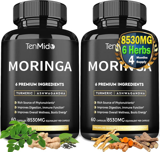 2 Packs Moringa Capsules 8530mg, 4 Months Supply and Turmeric, Ashwagandha, Ginger, Licorice, Black Pepper| Immune Support, Energy Booster|Multi Vitamin Oleifera Leaf Herb|Anti-Inflammatory Supplements