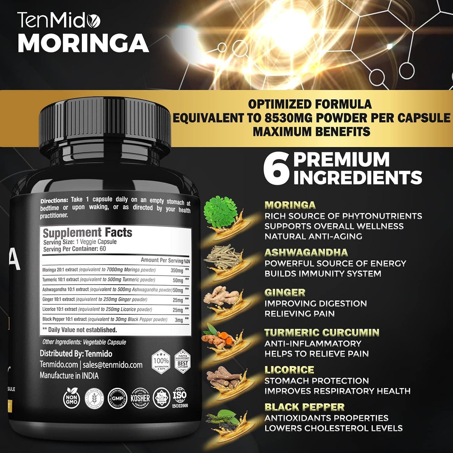 2 Packs Moringa Capsules 8530mg, 4 Months Supply and Turmeric, Ashwagandha, Ginger, Licorice, Black Pepper| Immune Support, Energy Booster|Multi Vitamin Oleifera Leaf Herb|Anti-Inflammatory Supplements