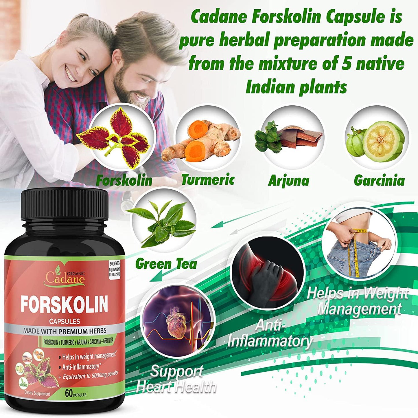 2 Packs Organic Forskolin Extract Capsules 5000mg and Turmeric Curcumin, Arjuna, Garcinia Cambogia, Green Tea