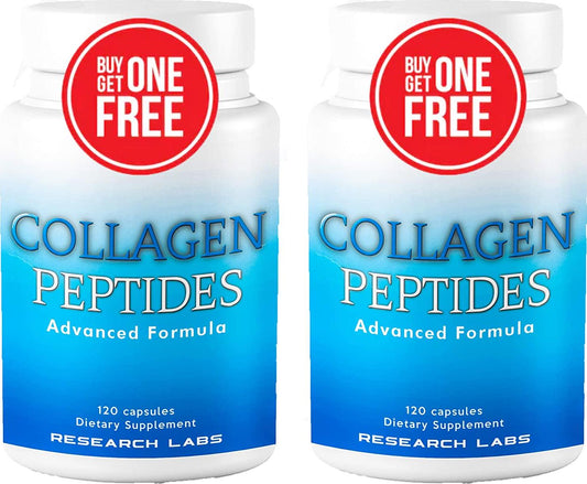 2 for 1 Promo Research Labs Collagen Peptides Capsules Grass Fed Anti-Aging Support for Skin, Joints, Tendons, Bones, Hair and Nails. Paleo Friendly