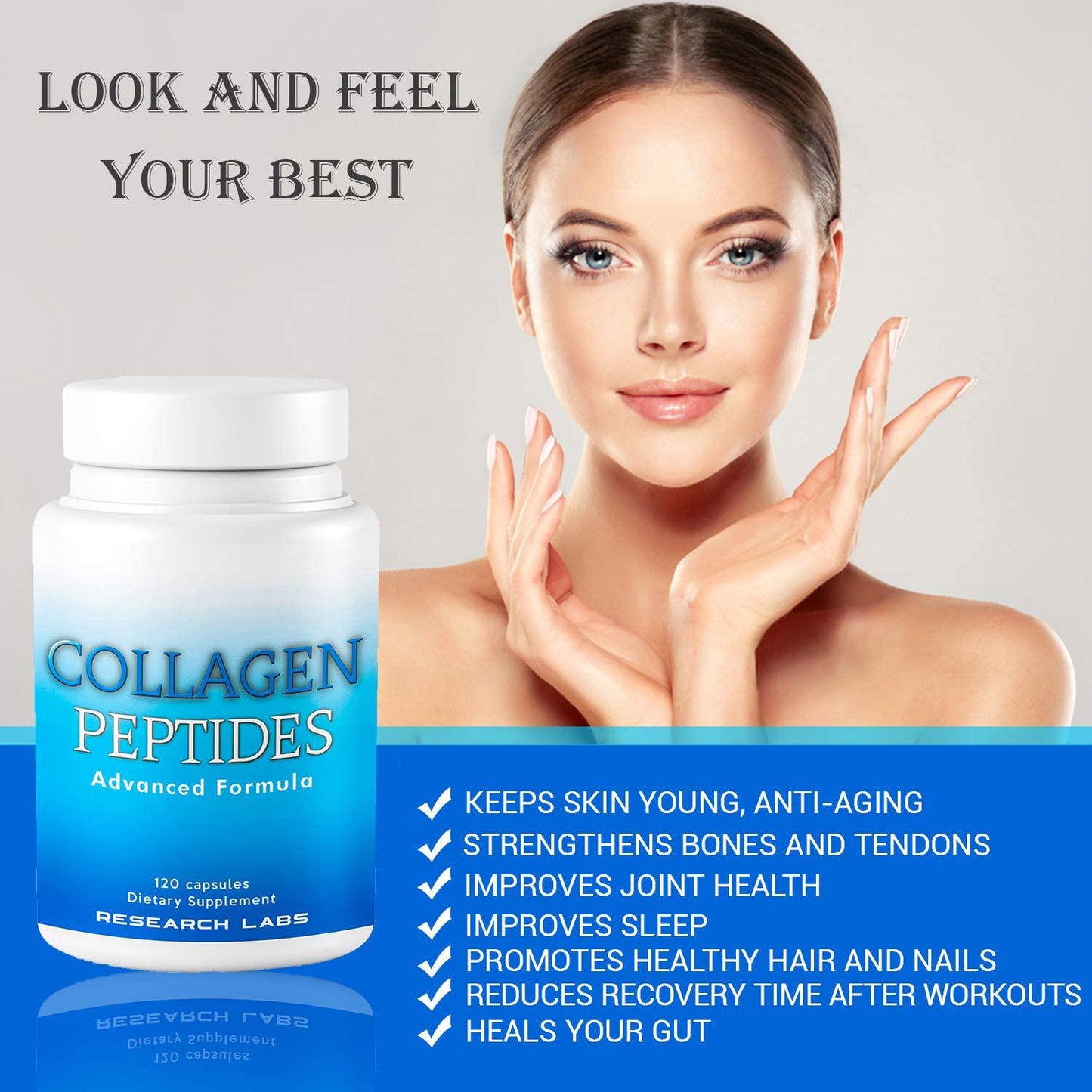 2 for 1 Promo Research Labs Collagen Peptides Capsules Grass Fed Anti-Aging Support for Skin, Joints, Tendons, Bones, Hair and Nails. Paleo Friendly