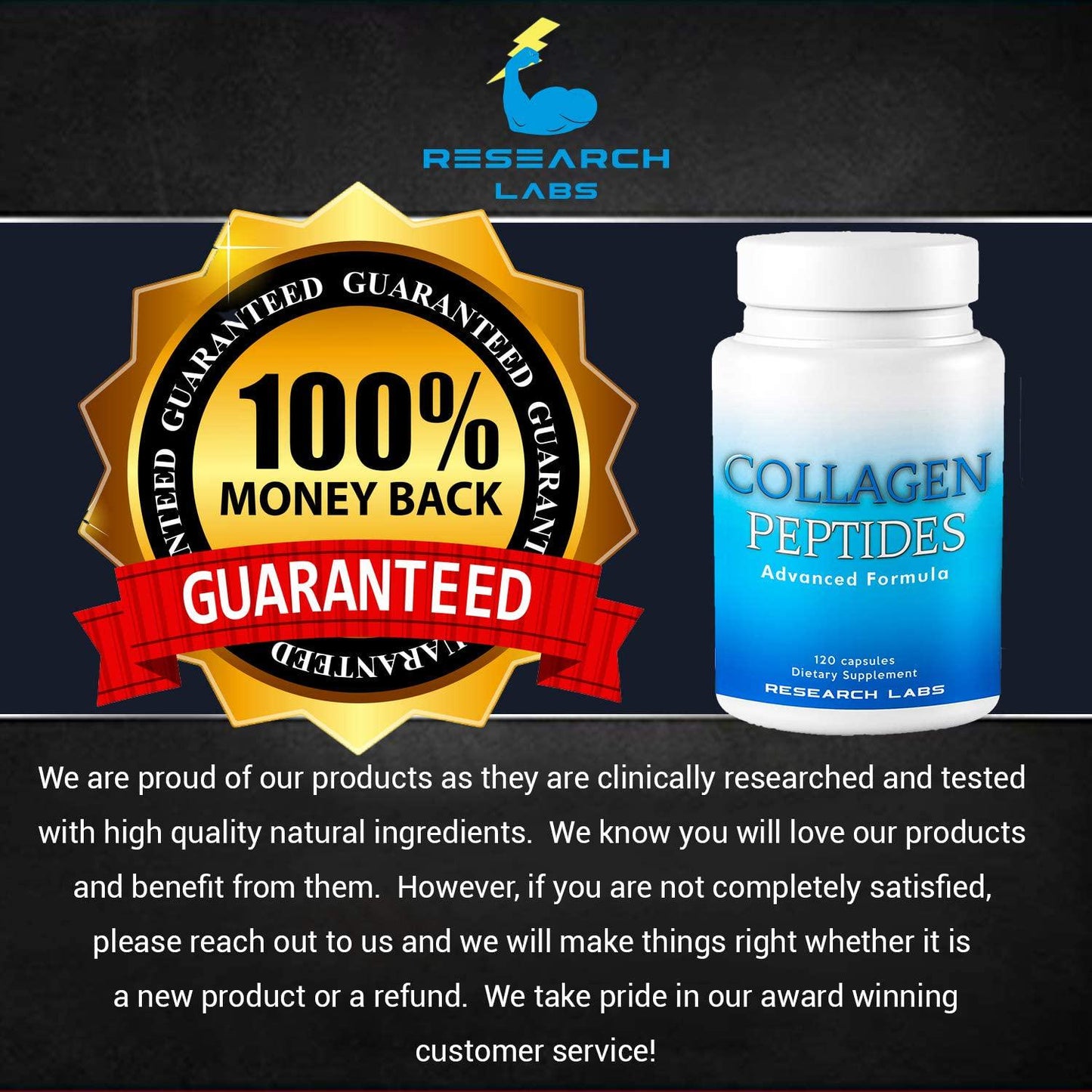 2 for 1 Promo Research Labs Collagen Peptides Capsules Grass Fed Anti-Aging Support for Skin, Joints, Tendons, Bones, Hair and Nails. Paleo Friendly