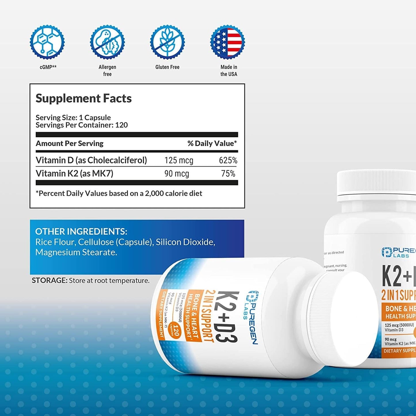 2 in 1 High Potency Formula 90mcg Vitamin K2 (MK7) and 5000 IU Vitamin D3 Supplement for Bone and Heart Health | Non-GMO Formula Vitamin D3 and K2 Complex, Total 240 Capsules I 8 Month Supply