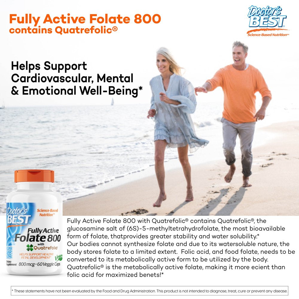 Doctor'S Best Fully Active Folate with Quatrefolic, Non-Gmo, Vegan, Gluten Free, 800 Mcg, 60 Veggie Caps