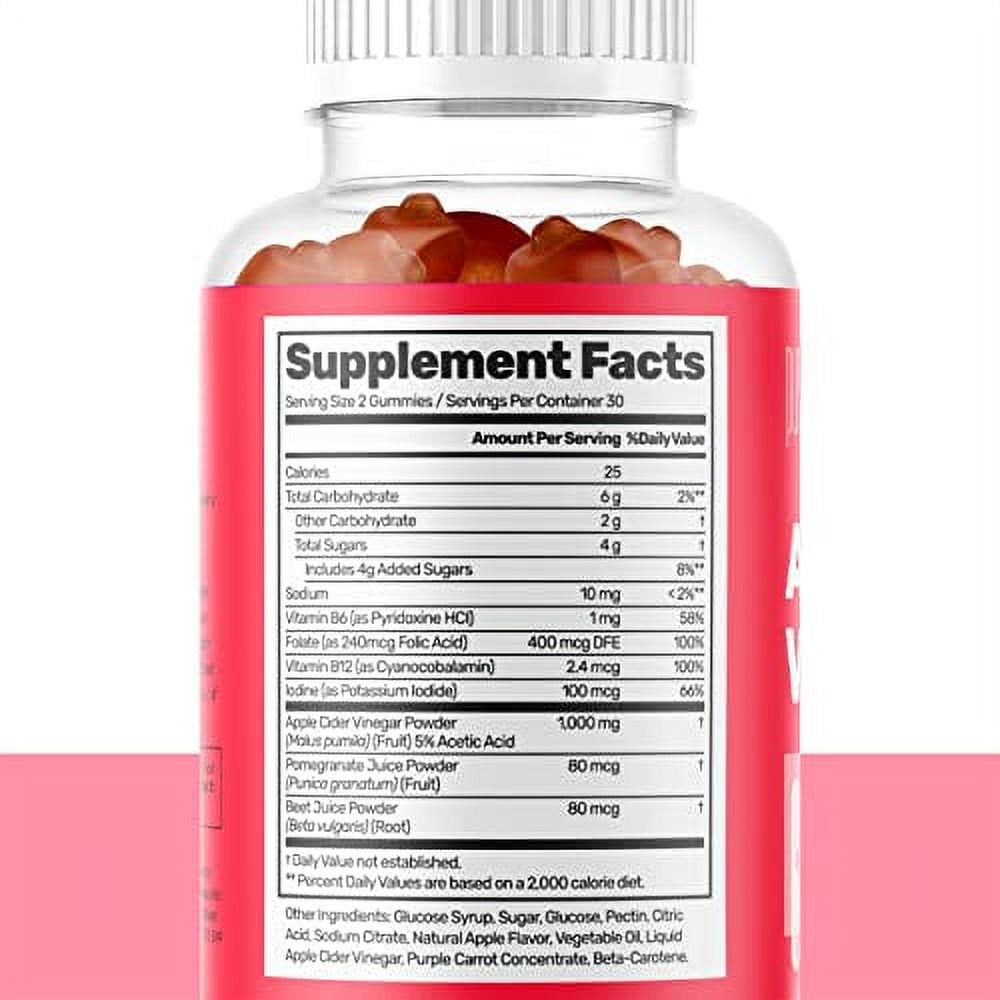 Apple Cider Gummies 1000Mg - Made with Apple Cider Vinegar Powder, Folic Acid, Vitamin B12, Vitamin B6, Iodine, Beet Juice Powder, Pomegranate Juice Powder - 60 Gummies