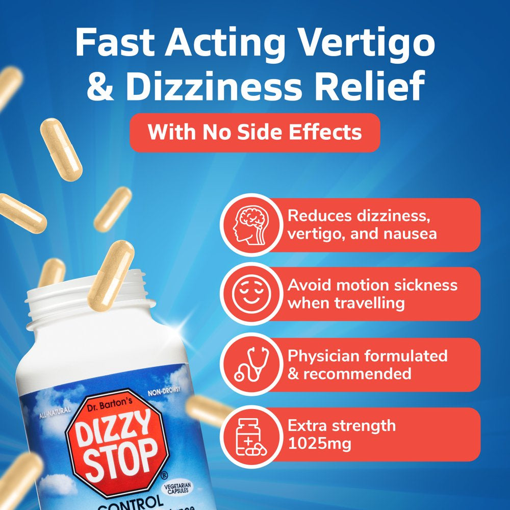 Dr. Barton’S Dizzy Stop - All-Natural Vertigo Relief, Inner Ear Balance, anti Nausea Supplement, Non Drowsy Motion Sickness Pills for Nausea Relief, Seasickness Relief, & Dizziness Relief, 80 Capsules