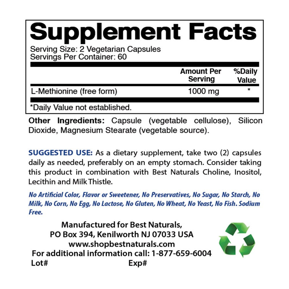 Best Naturals L-Methionine 500 Mg 120 Vegetarian Capsules | Liver Health Support