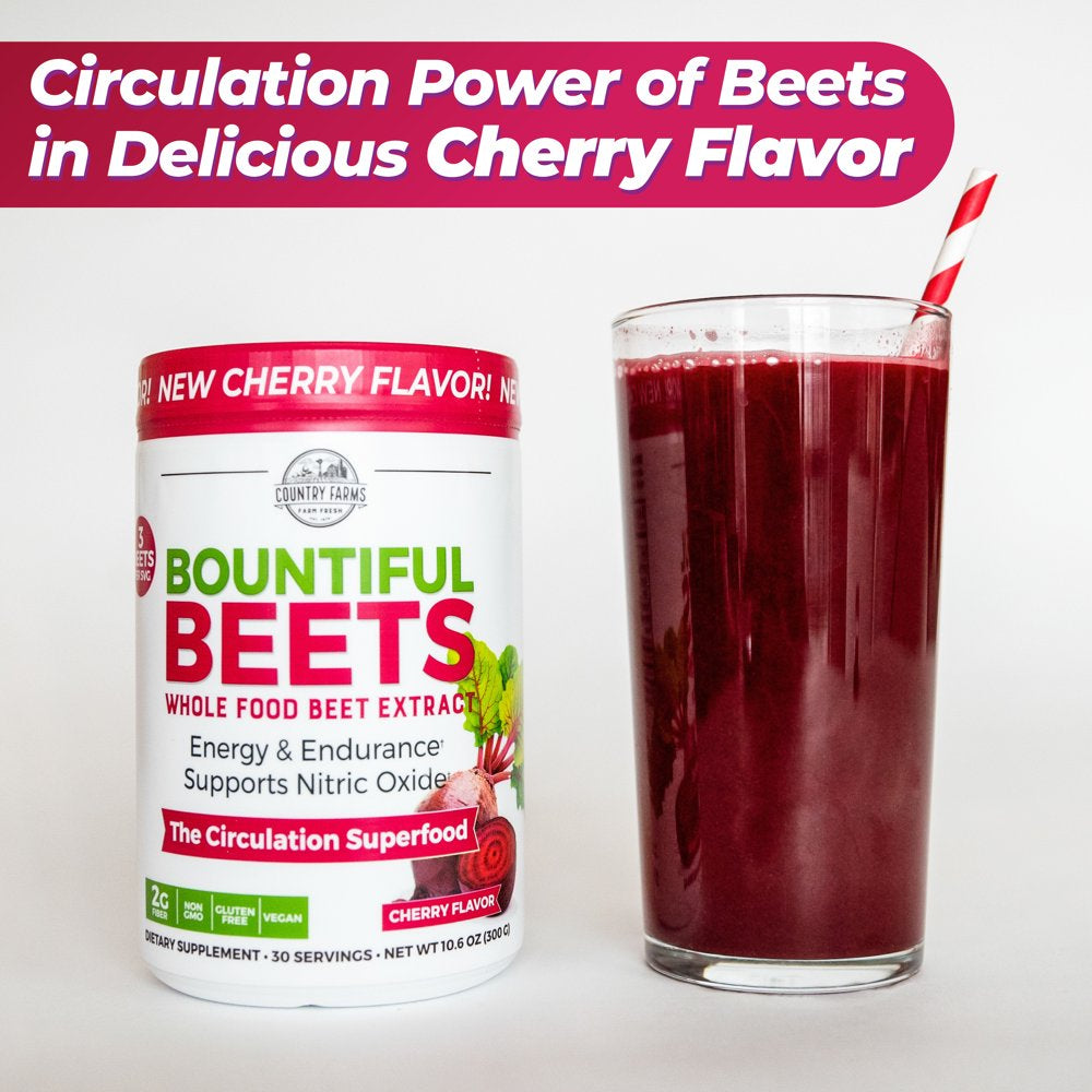 Country Farms Bountiful Beets, Delicious Cherry Flavor, the Circulation Superfood, Activates Essential Nitric Oxide, Natural Beet Extract, Boosts Energy and Endurance, 10.6 Oz, 30 Servings