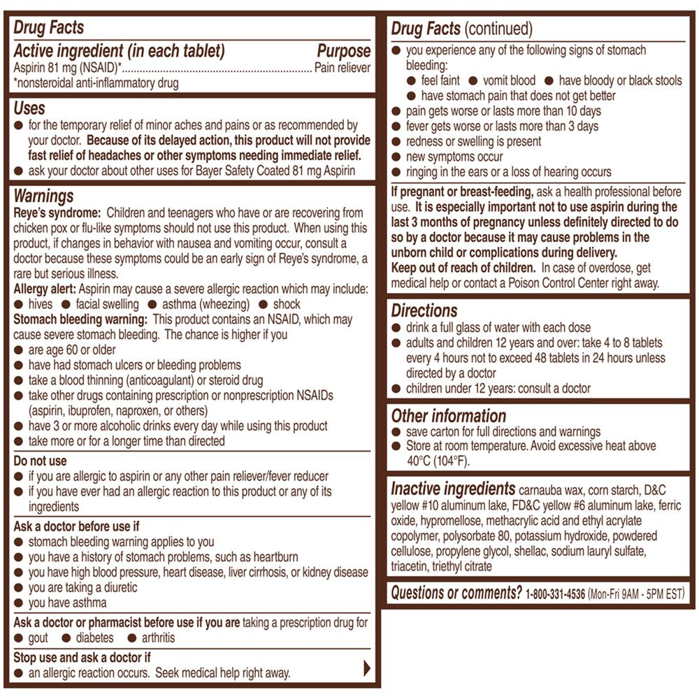 Aspirin Regimen Bayer Low Dose Pain Reliever Enteric Coated Tablets, 81Mg, 120 Count