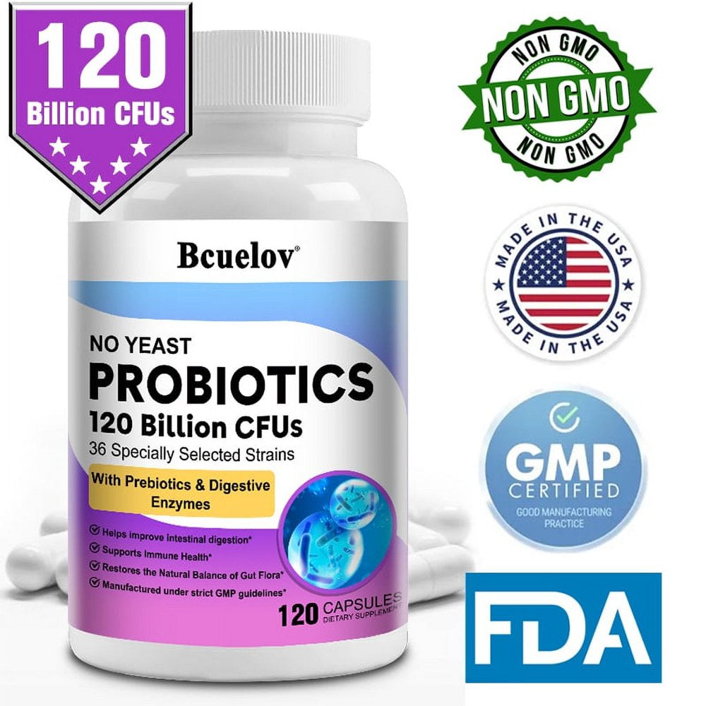 Bcuelov Probiotics 120 Billion CFU - 36 Strains with Prebiotics & Digestive Enzymes, Gut Digestive & Immune Support