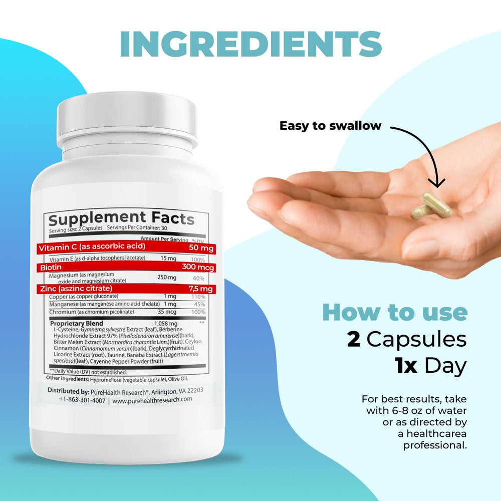 Blood Sugar Formula; Glucose Balance Supplement, Blood Sugar Support with Magnesium, and Berberine for Men & Women, Increase Energy & Focus by Purehealth Research