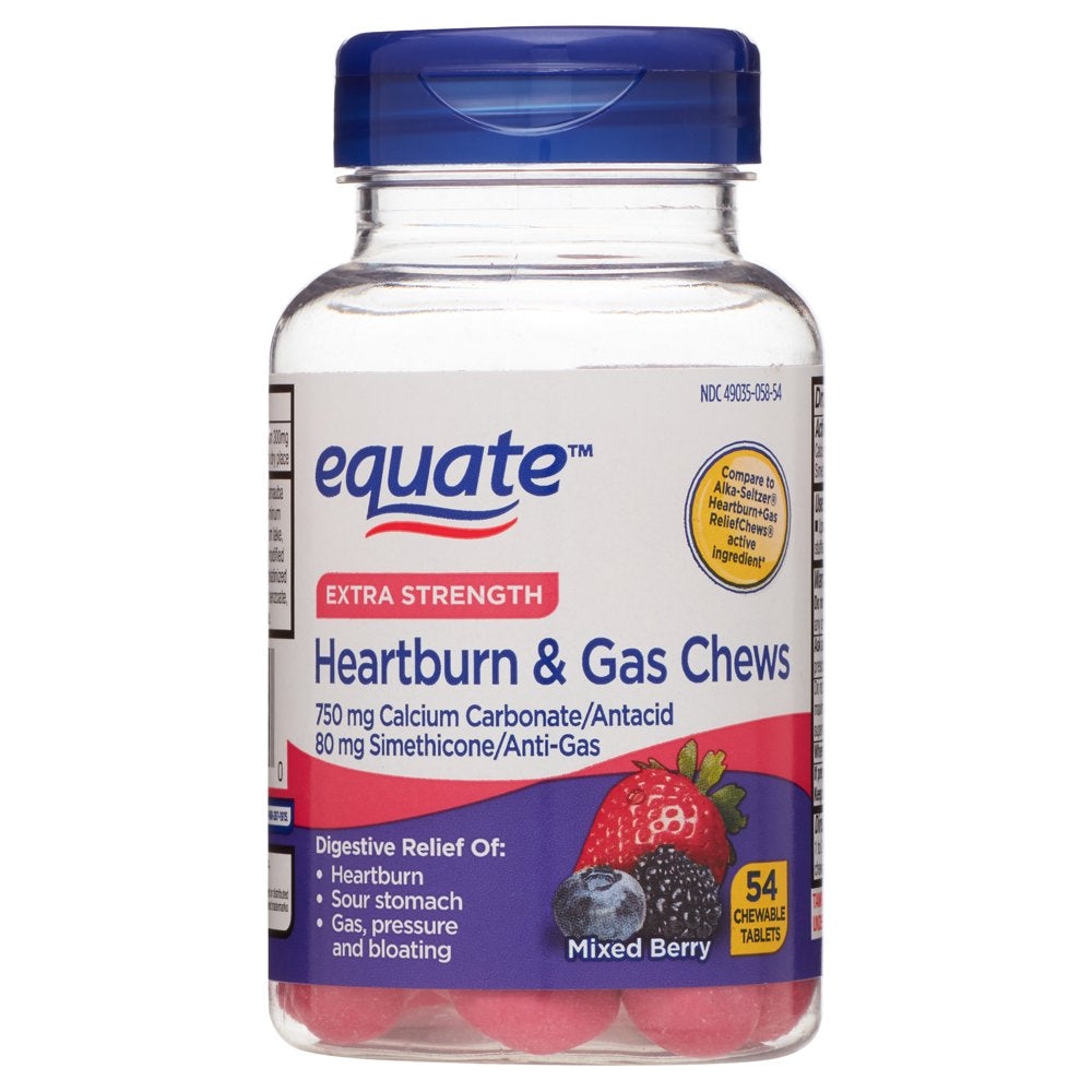 Equate Extra Strength Heartburn Relief + Gas Relief Chews, Mixed Berry, 54 Count