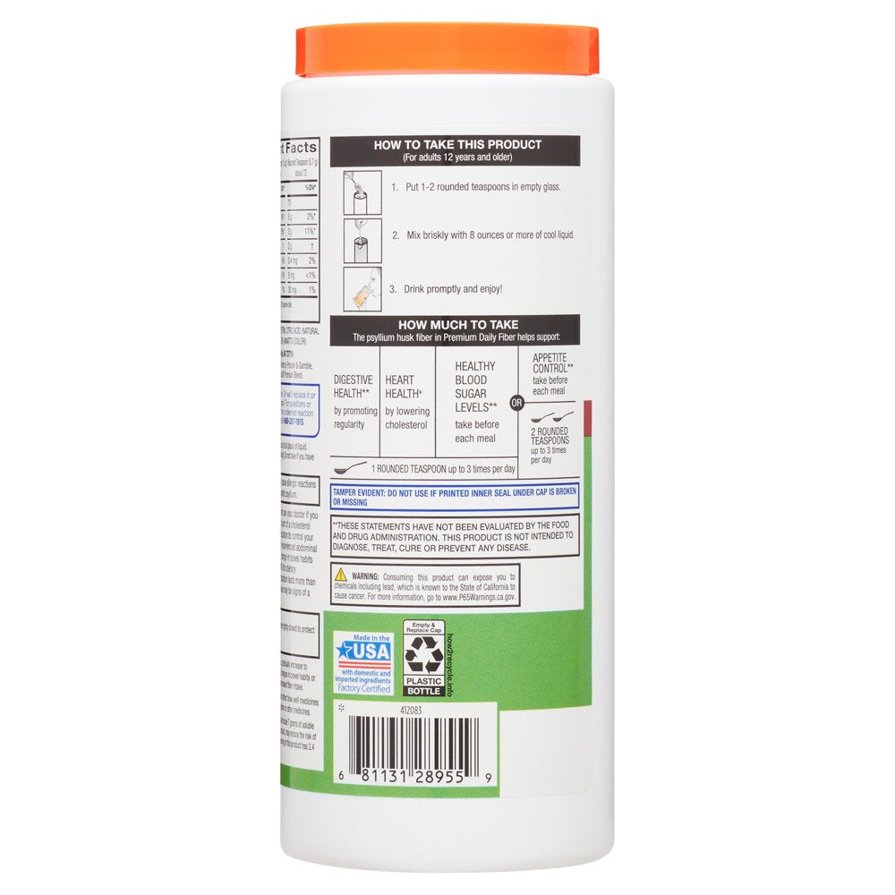 Equate Premium Sugar Free Daily Fiber Supplement, Orange Flavor, Powder, 14.6 Oz