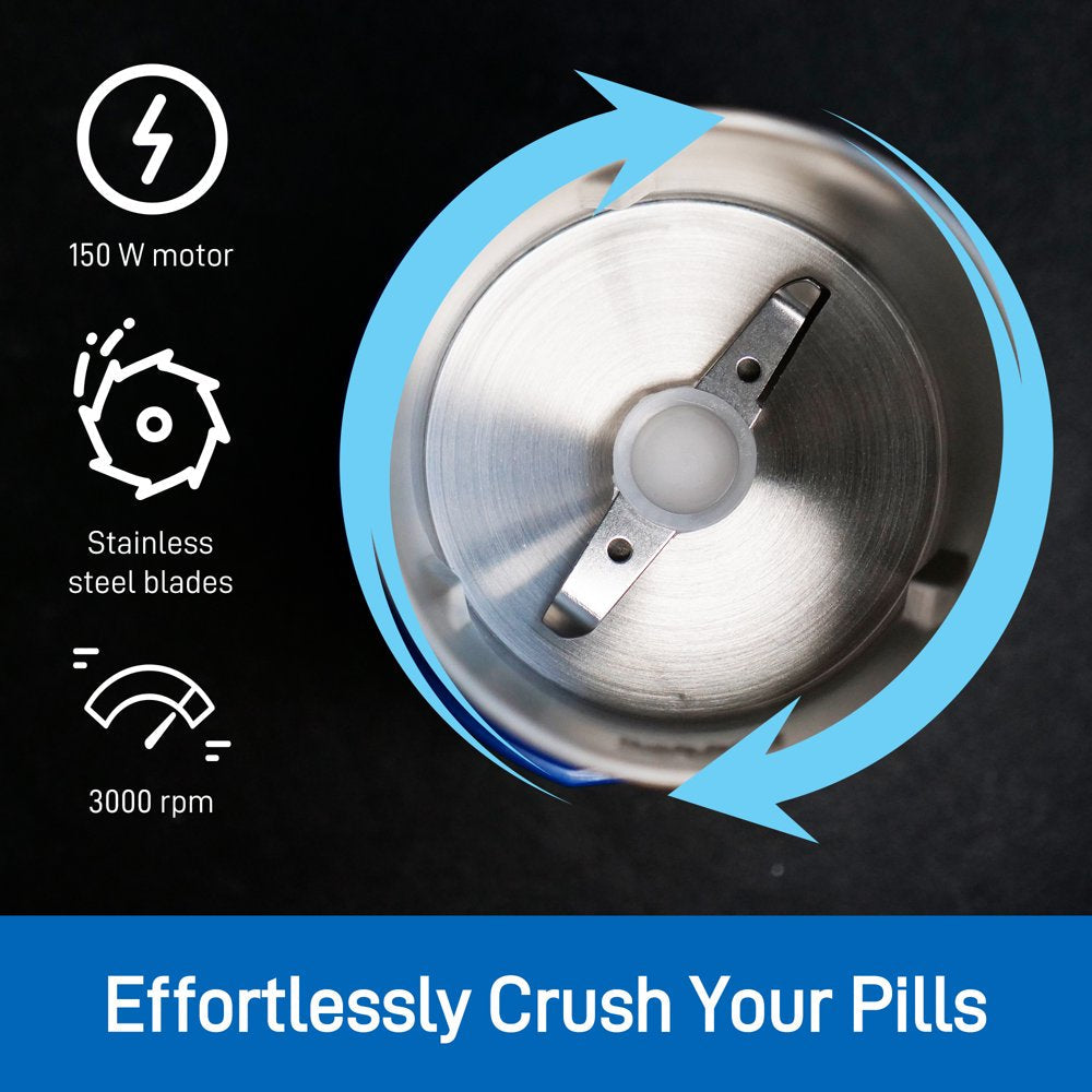 Electric Pill Crusher - Fine Powder Electronic Pill Grinder for Small and Large Medication and Vitamin Tablets - Comes with Stainless Steel Blades to Crush Multiple Pills by Pill Mill