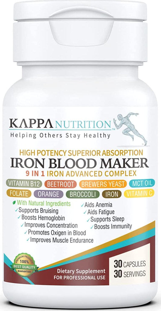 (30 Capsules), Iron 26mg, Vitamin C and Orange 150mg, Folate 667mcg DFE, Vitamin B12, Beetroot, Brewers Yeast, Broccoli and MCT Oil 9 in 1 Advanced Complex from Kappa Nutrition. (30 Capsules)