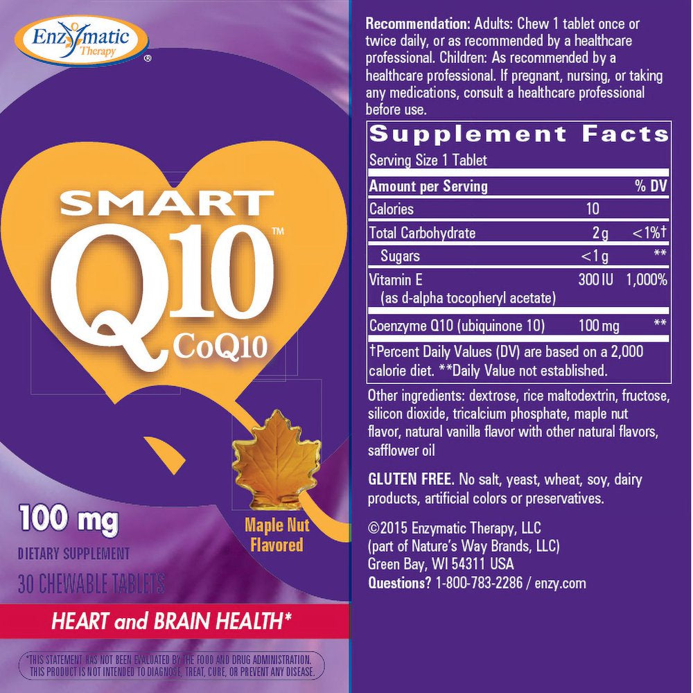 Enzymatic Therapy Smart Q10 100 Mg Chewable Tablets, Maple Nut, 30 Ct