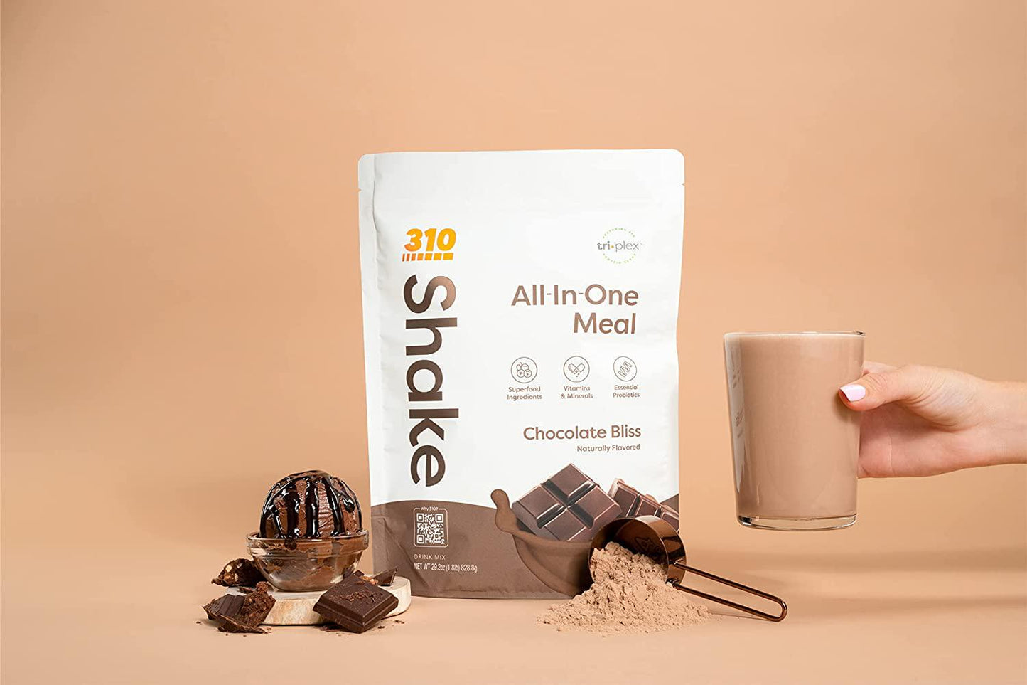 310 Nutrition All-In-One Meal Replacement Shake with Shaker Cup - New Formula with Fiber Rich Vegan Superfood Blend - Natural Sweeteners - Low Carb Shake, Keto and Paleo Friendly - Gluten Free - 26 Essential Vitamins and Minerals -Chocolate Bliss -