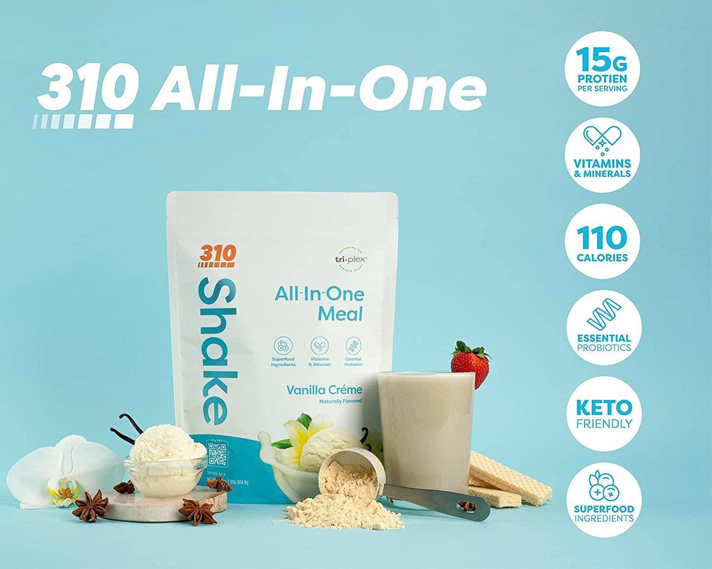 310 Nutrition All-In-One Meal Replacement Shake - New Formula with Fiber Rich Vegan Superfood Blend - Natural Sweeteners - Low Carb Shake, Keto and Paleo Friendly - Gluten Free - 26 Essential Vitamins and Minerals - Triple Flavor Pack