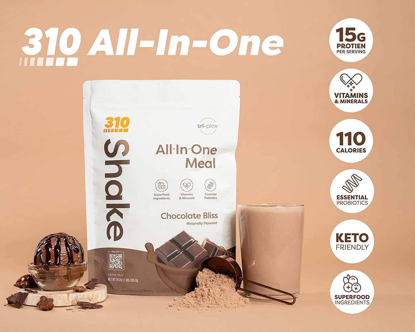 310 Nutrition All-In-One Meal Replacement Shake - New Formula with Fiber Rich Vegan Superfood Blend - Natural Sweeteners - Low Carb Shake, Keto and Paleo Friendly - Gluten Free - 26 Essential Vitamins and Minerals - Triple Flavor Pack