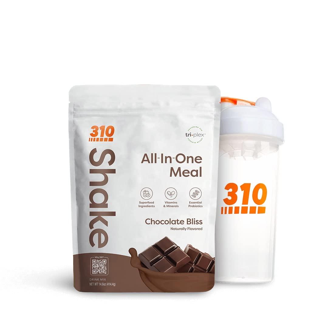 310 Nutrition All-In-One Meal Replacement Shake with Shaker Cup - New Formula with Fiber Rich Vegan Superfood Blend - Natural Sweeteners - Low Carb Shake, Keto and Paleo Friendly - Gluten Free - 26 Essential Vitamins and Minerals -Chocolate Bliss -