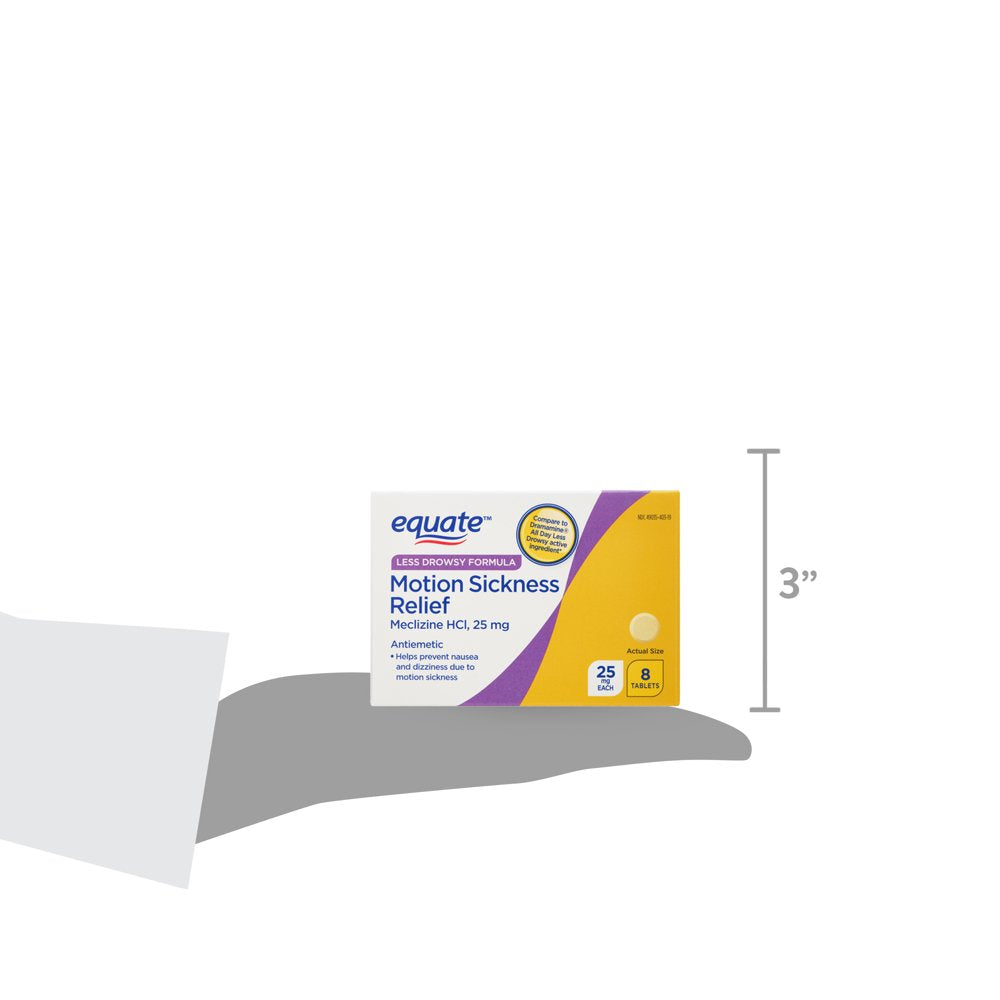 Equate Less-Drowsy Formula Motion Sickness Relief Meclizine HCI Tablets, 25 Mg, 8 Count