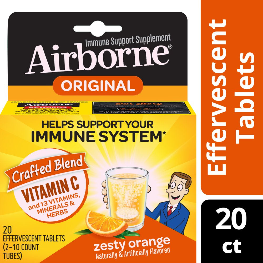 Airborne Zesty Orange Effervescent Tablets, 20 Count - 1000Mg of Vitamin C, Immune Support Supplement