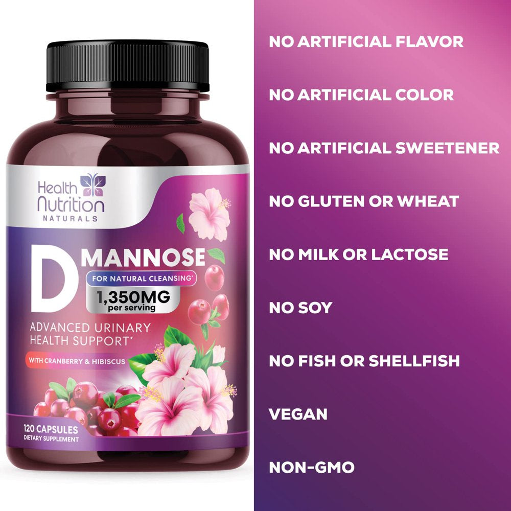 D-Mannose with Cranberry Extract 1350 Mg Complex - Fast-Acting Urinary Tract Health Support, Natural Non-Gmo & Vegan Capsules, Flush Impurities, Extra Strength Dmannose for Women & Men - 120 Capsules