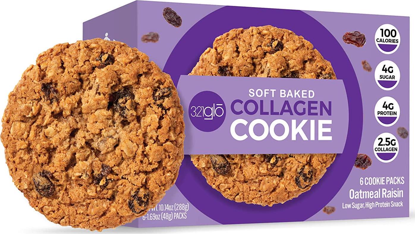321glo Collagen Protein Cookies, Soft-Baked Cookies, Low Carb and Keto Friendly Treats for Women, Men, and Kids (6-PACK, Oatmeal Raisin)