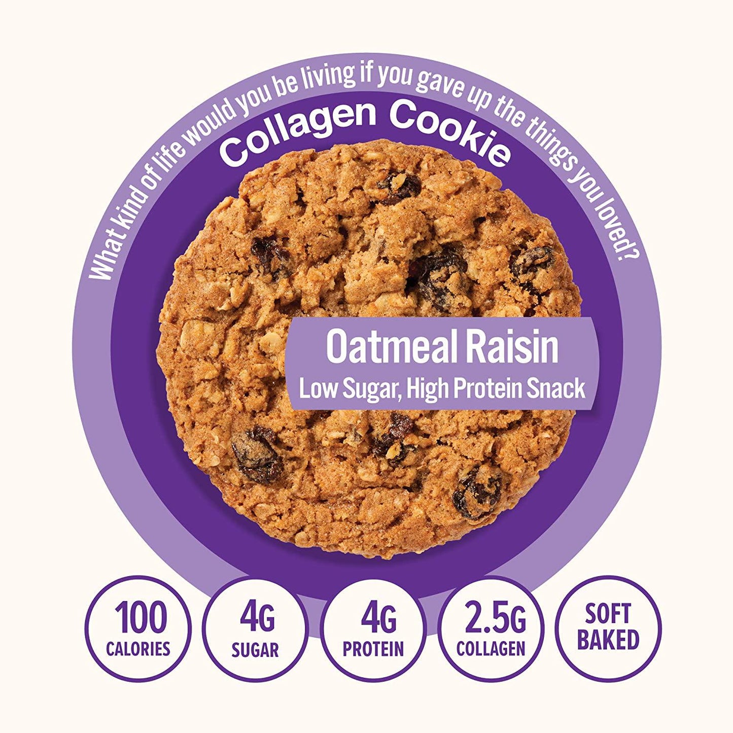 321glo Collagen Protein Cookies, Soft-Baked Cookies, Low Carb and Keto Friendly Treats for Women, Men, and Kids (6-PACK, Oatmeal Raisin)
