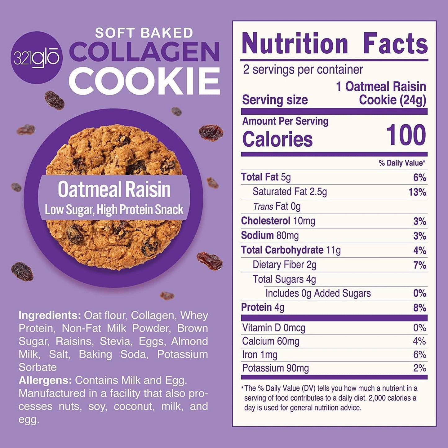 321glo Collagen Protein Cookies, Soft-Baked Cookies, Low Carb and Keto Friendly Treats for Women, Men, and Kids (6-PACK, Oatmeal Raisin)