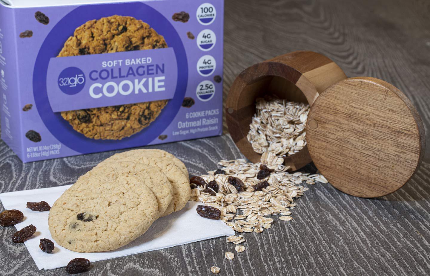 321glo Collagen Protein Cookies, Soft-Baked Cookies, Low Carb and Keto Friendly Treats for Women, Men, and Kids (6-PACK, Oatmeal Raisin)