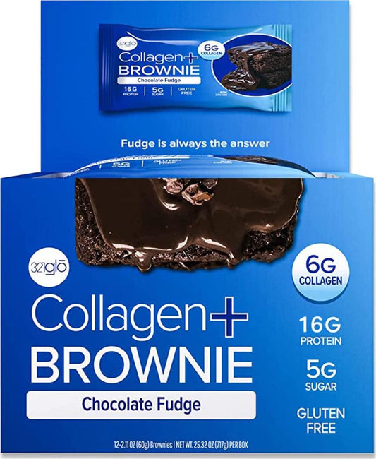 321glo Collagen Protein Brownie, Low Sugar Keto Friendly Gluten Free Treats for Women, Men, and Kids (12-Pack, Chocolate Fudge)
